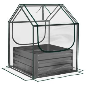 Metal Planter Box with Cover, Raised Garden Bed with Greenhouse, for Herbs and Vegetables, Clear and Dark Grey
