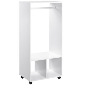 Open Wardrobe with Hanging Rod and Storage Shelves Mobile Garment Rack on Wheels Bedroom, Cloakroom, White