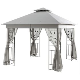 3(m) x 3(m)  Double Roof Outdoor Garden Gazebo Canopy Shelter with Netting, Solid Steel Frame, Light Grey