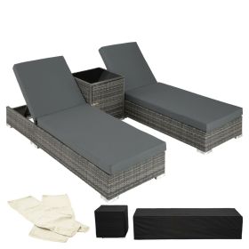 Rattan Sun Loungers With Table and Protection Covers Grey Colour - Set of 2