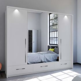 Lindsey 255cm Large Swing Door Wardrobe with Mirror and 3 Drawers - White