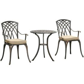 3 Pcs Cast Aluminium Garden Bistro Set with Parasol Hole, Coffee Table, and Cushions - Bronze
