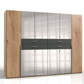 Denver 6 Door Wardrobe with Mirror and Drawers  - Planked Oak and Graphite