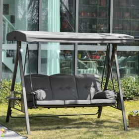 Steel Frame 3 Seater Garden Swing With Cushions and Cup Trays - Grey