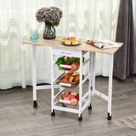 Movable Drop-Leaf Kitchen Trolley With 3 Baskets Drawer Surface Top - White