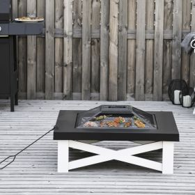 Black Metal Garden Square Fire Pit With Grill and Mesh Cover - White