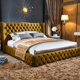 Gerald Plush Velvet Fabric Bed, Mustard Colour - 5 Sizes