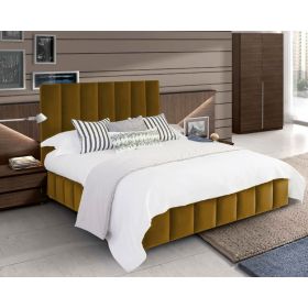 Nora Plush Velvet Fabric Bed, Mustard Colour - 5 Sizes