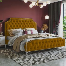 Gaia Plush Velvet Fabric Bed, Mustard Colour - 5 Sizes