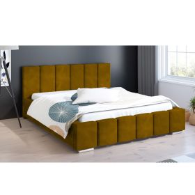 Lemela Plush Velvet Fabric Bed, Mustard Colour - 5 Sizes