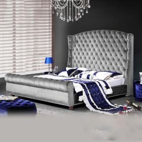 Rosio Plush Velvet Fabric Bed, Silver Colour - 5 Sizes