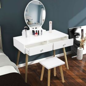 Round Mirror Dressing Table Set With 2 Drawers - White