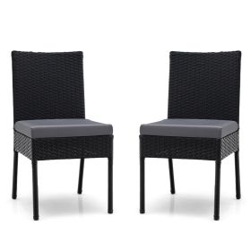 Garden Outdoor Wicker Dining Chairs Set of Two with Soft Grey Cushions - Black