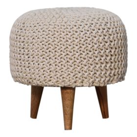 Solid Oak Legs White Round Woven Top Footstool