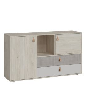 Denim 2 Door Sideboard with 2 Drawer 2 - Light Walnut, Grey Fabric Effect and Cashmere