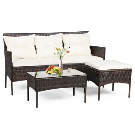 Outdoor PE Rattan 3 PCS Garden Furniture Conversation Set With Cushions - Brown and Off White