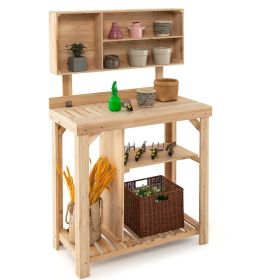 Premium Fir Wood 2 Tier Garden Potting Bench Wooden Table with Open Storage Shelves - Natural