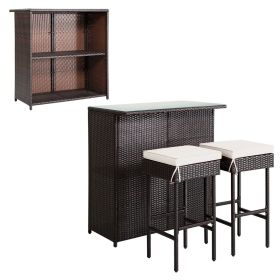 Wicker Rattan 3 Piece Bar Set Storage Table and 2 Bar Stools  - Mix Brown with White Cushion