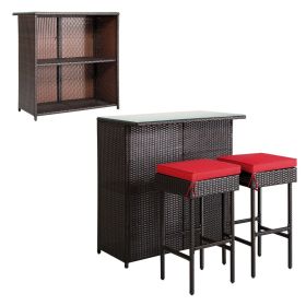 Wicker Rattan 3 Piece Bar Set Storage Table and 2 Bar Stools  - Mix Brown with Red Cushion