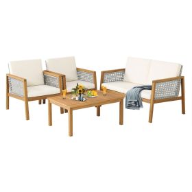 Solid Acacia Wood 4-Piece Garden Furniture Wicker Set with Cushions - Mix Brown and White