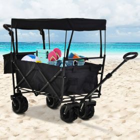 Foldable Pull Wagon Trolley With Canopy - Black