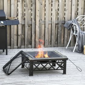 Square Log Grate Fire Pit With Poker Mesh Cover