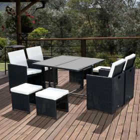 9PCs Rattan Wicker Garden Table Chairs Set With Footstool - Black