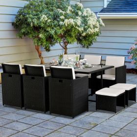 11pc Rattan Wicker Garden Table Chairs Set With Footstool And Cushion - Black