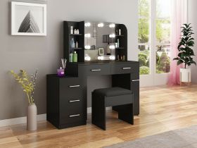 Super Luxury Dressing Table Set with Large Mirror, LED Lights, Drawer and Stool - Black and White