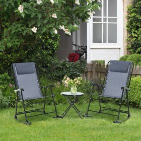 Foldable 3 Piece Outdoor Rocking Bistro Set 2 Chairs and 1 Tempered Glass Table - Grey