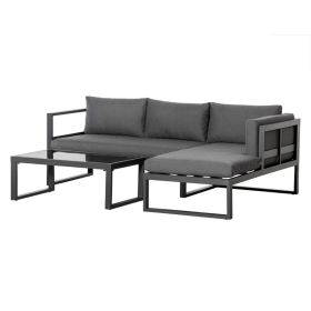 Aluminium 3 PCs L Shape Garden Corner Sofa Set with Padded Cushions, Coffee Table - Grey