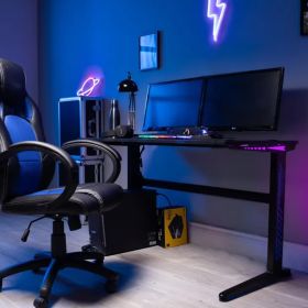 Metal Frame Gaming Desk With Colour Changing LED Lights - Blue and Black