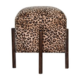 Solid Wood Legs Upholstered Cotton Velvet Footstool - Leopard Print