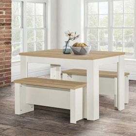 Modern Design Oak Top Dining Table Set with Bench - Cream