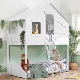 Country Style Wooden Frame Safari Kids Single Bunk Bed - White