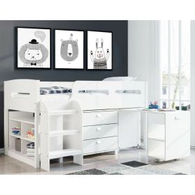 Mid Sleeper Bunk Bed with Storage Cabinet and Desk - White