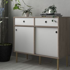 Bristol Solid Wooden 2 Sliding Doors Sideboard with 2 Drawers - Oak With Matt White