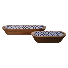 Mango Wood Aztec Pattern Oblong Bowl Set of 2