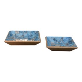 Mango Wood Lacquered Blue Bird Square Platter Set of 2