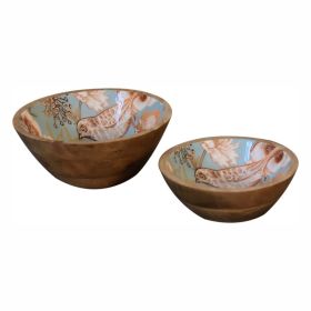 Mango Wood Floral Bird Bowl Set of 2