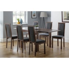 Solid Beech Walnut Effect Extending Dining Table with 6 Slate Grey Padded Chairs