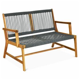 Solid Acacia Wooden Garden Two Seater Bench with Woven Rope - Grey