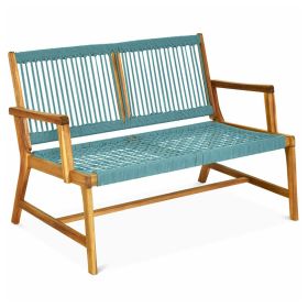 Solid Acacia Wooden Garden Two Seater Bench with Woven Rope