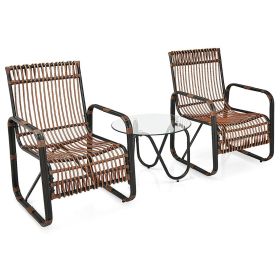 Outdoor Rattan Wicker 3 PCS Rocking Bistro Set with Glass Table and Adjustable Feet - Brown