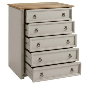 Corona Solid Pine Small Chest of Drawers 5 Drawer - Grey Wax 