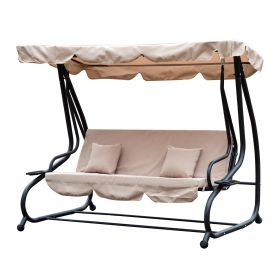 3 Seater Garden Swing Seat Bed Swing Chair 2-in-1 Hammock Bed Patio Garden Chair with Adjustable Canopy and Cushions, Light Brown