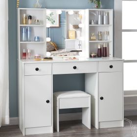 2 Doors and 3 Drawers Dressing Vanity Makeup Table with Stool, LED Lights - White