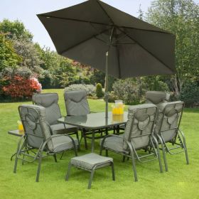 Outdoor Furniture Table Chairs Foot Stools, 11 Piece Set - Grey