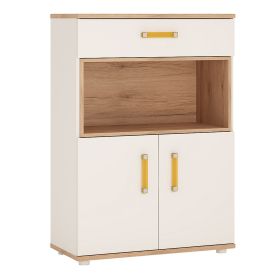 4Kids 2 Door 1 Drawer Cupboard with open shelf - Light Oak and white High Gloss (orange handles)