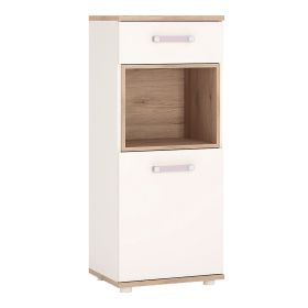 4Kids 1 Door 1 Drawer Narrow Cabinet - Light Oak and white High Gloss (lilac handles)